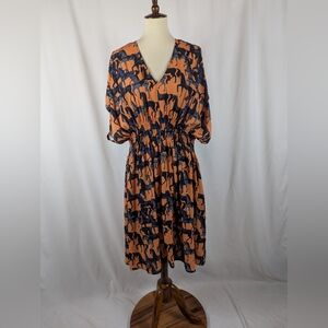 eShakti Wayward Fancies Horse Print Crepe Dress Orange Gray Elastic Waist Sz 1X
